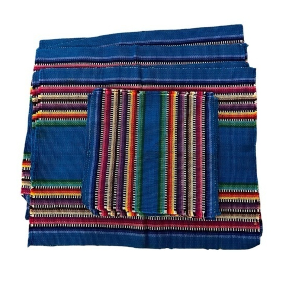 SERAPE STRIPE Set of 6 Smaller Multicolor Woven Cotton Placemats & Napkins, Blue